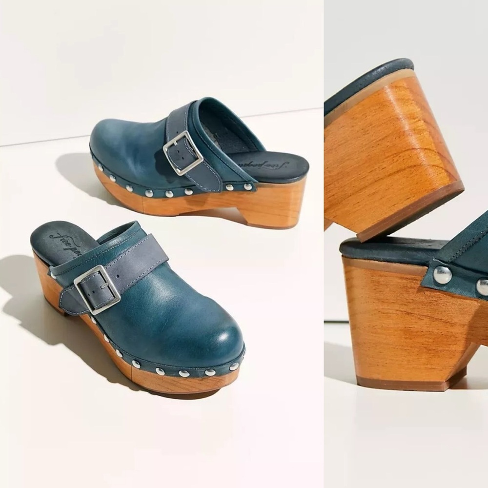 Free People Teal Leather Wood-Platform Clogs